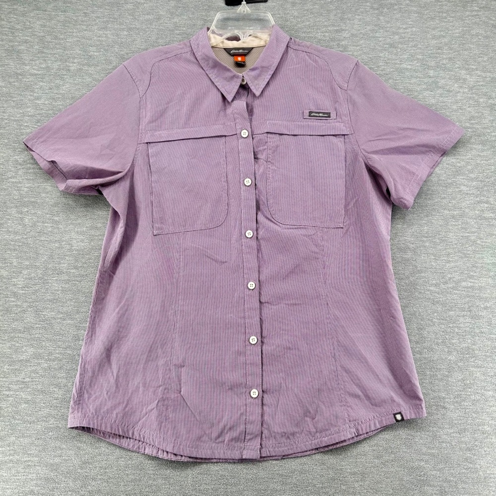 Eddie Bauer Shirt Women L Purple Micro Check Short Sleeve Button Up Vented Trail